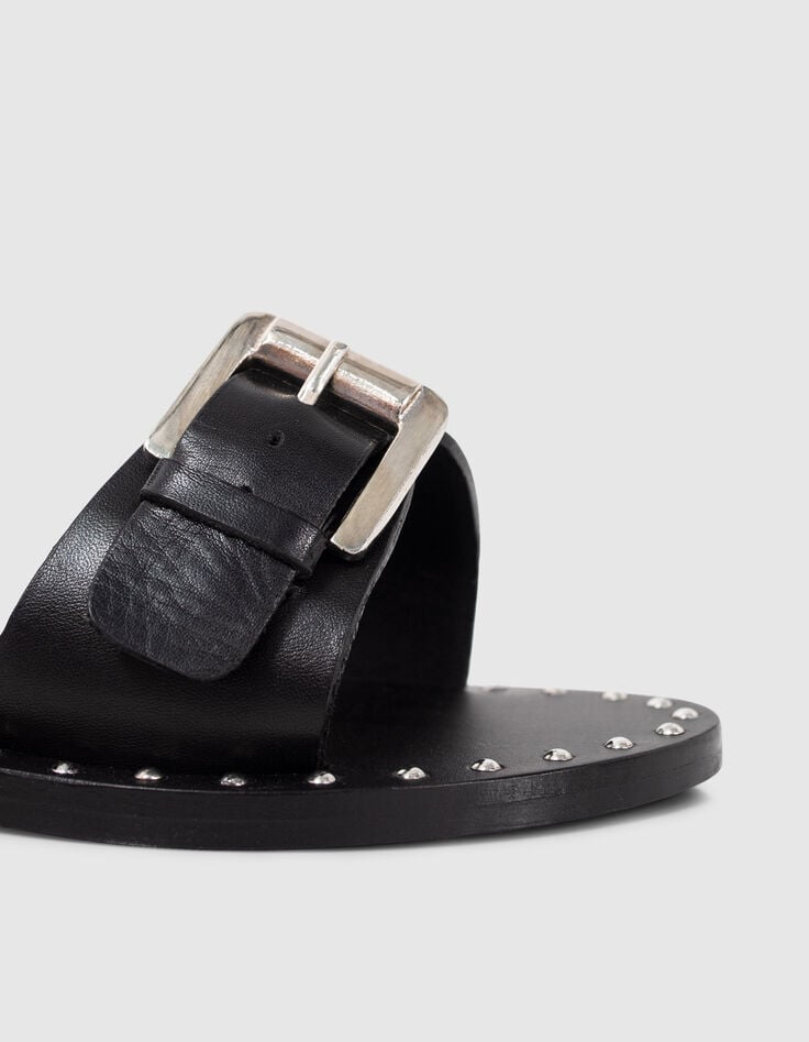 Schwarze Damen-Ledersandalen gesteppte Doppelriemen Nieten-4