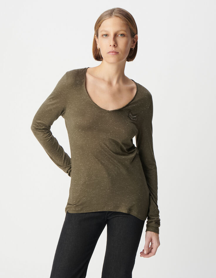 Tee-shirt kaki pailleté broderie chevrons Femme-3
