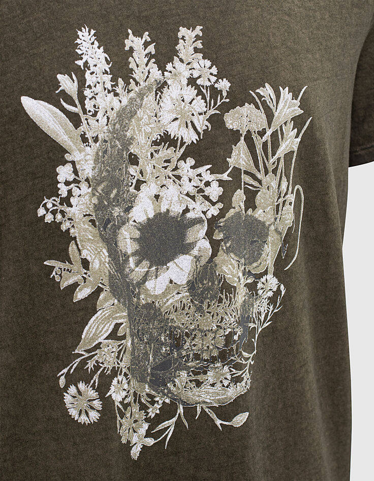 Tee-shirt kaki à tête de mort végétalisée Homme-3