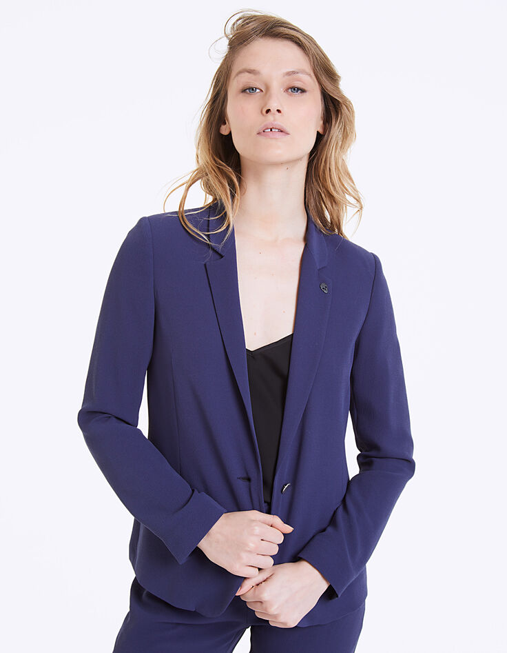 Veste tailleur mi-longue en crêpe marine femme-1