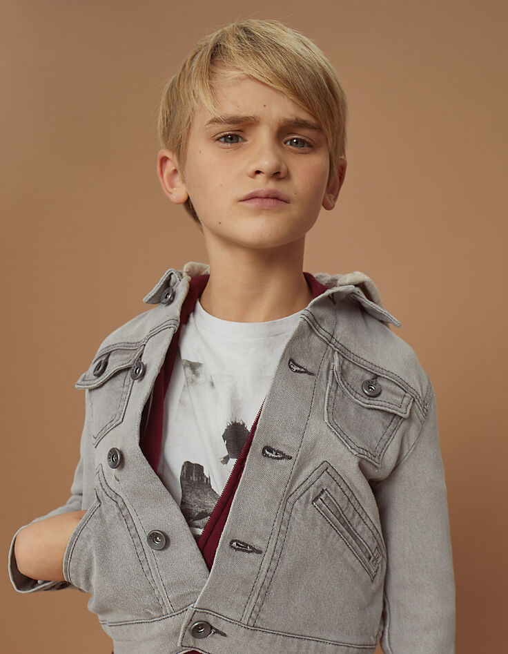 Boys’ bleached grey denim jacket + sweatshirt fabric hood-1