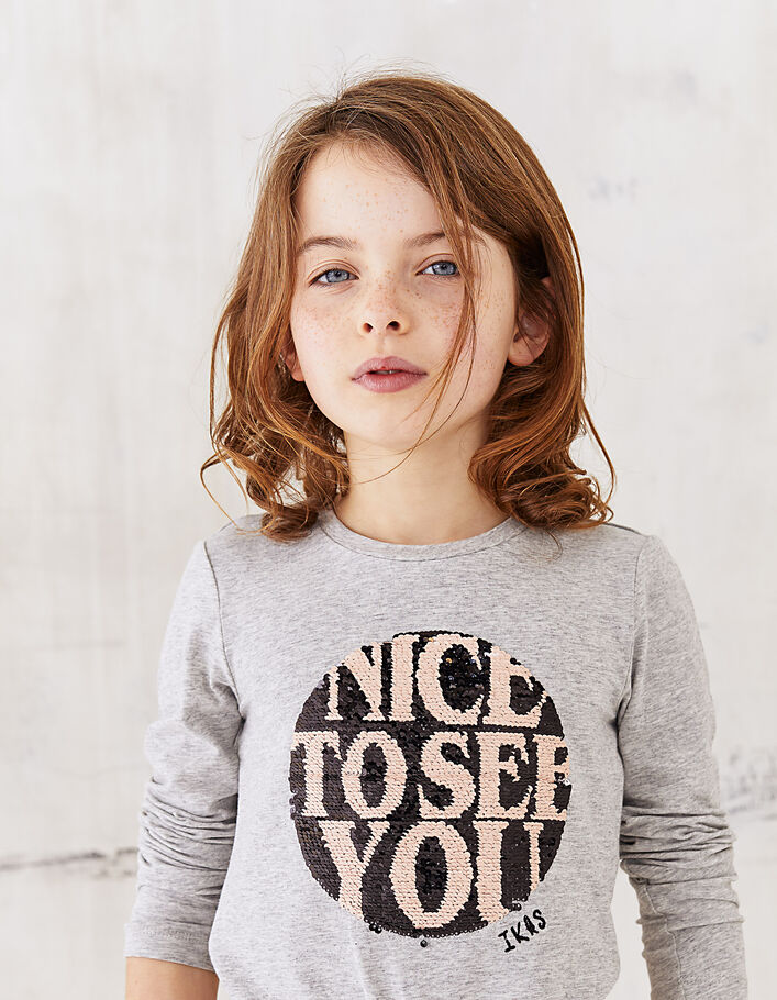 Camiseta gris lentejuelas NICE TO SEE YOU niña - IKKS