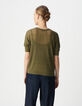 Pull kaki tricot lurex ajouré encolure V dos Femme-5