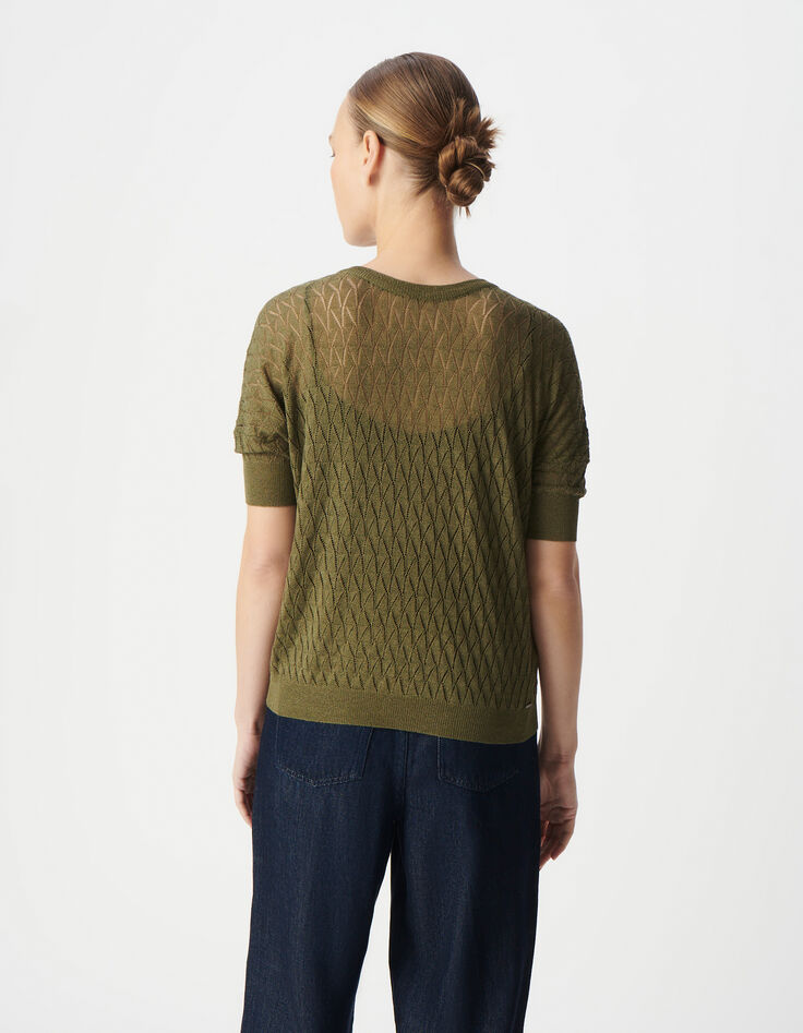 Pull kaki tricot lurex ajouré encolure V dos Femme-5