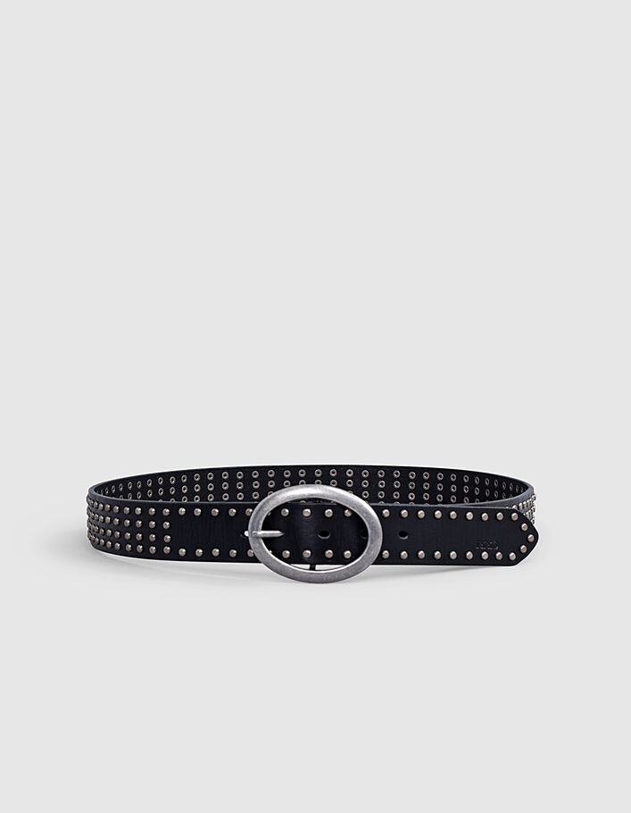 Women’s black leather belt with metal buckle and studs - IKKS