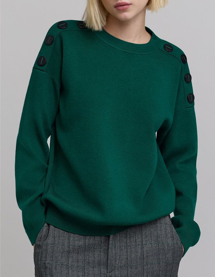 Jersey de punto verde de mujer con botones en los hombros-4 Jersey de punto verde de mujer con botones en los hombros-4