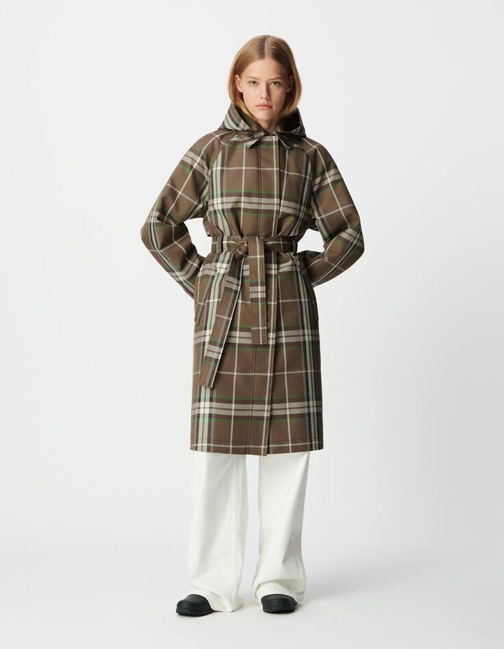 Women&rsquo;s khaki check long trench coat with detachable hood-2