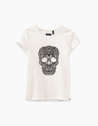 Tee-shirt blanc cassé à tête de mort dentelle fille - IKKS