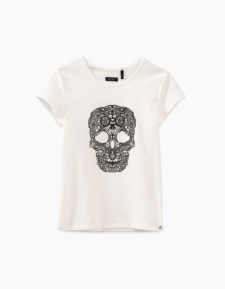 Tee-shirt blanc cassé à tête de mort dentelle fille-1