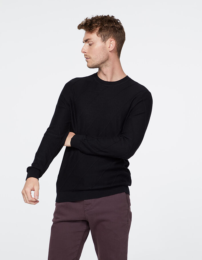 Pull noir en tricot avec lignes diagonales Homme - IKKS