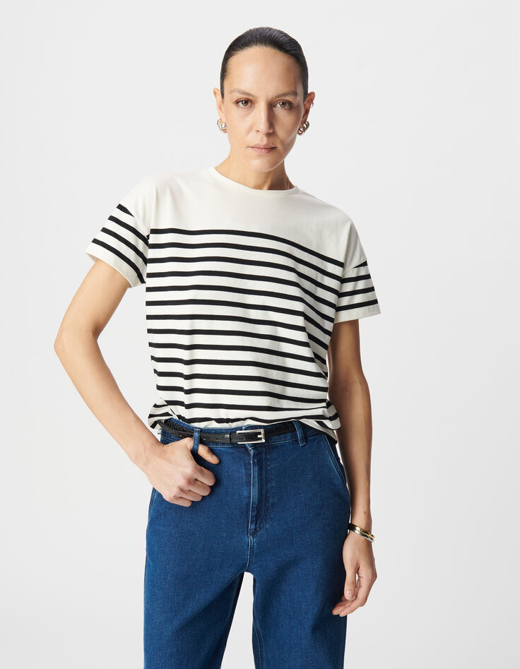 Camiseta marinera de mujer de algodón con cuello redondo y bordado-2