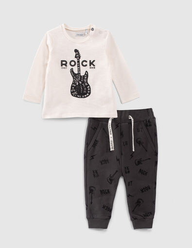 Baby boys' organic grey joggers and ecru T-shirt outfit - IKKS