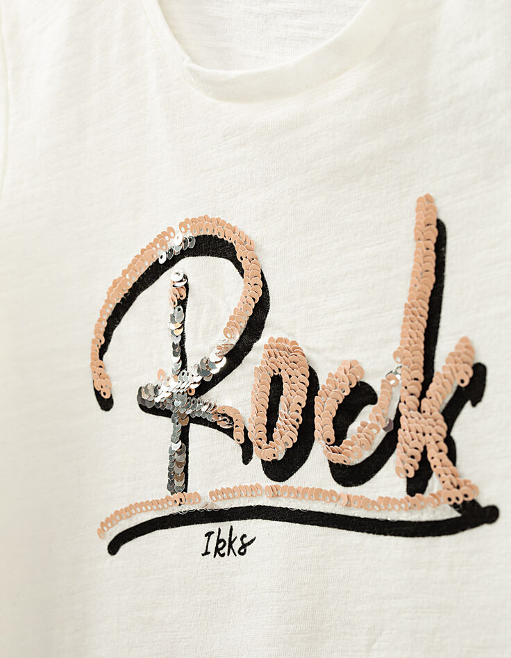 Girls’ off-white T-shirt with reversible sequin slogan-4