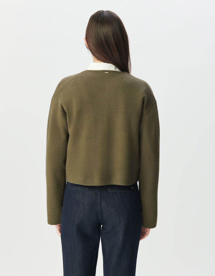 Cardigan court kaki tricot poches plaquées Femme-4