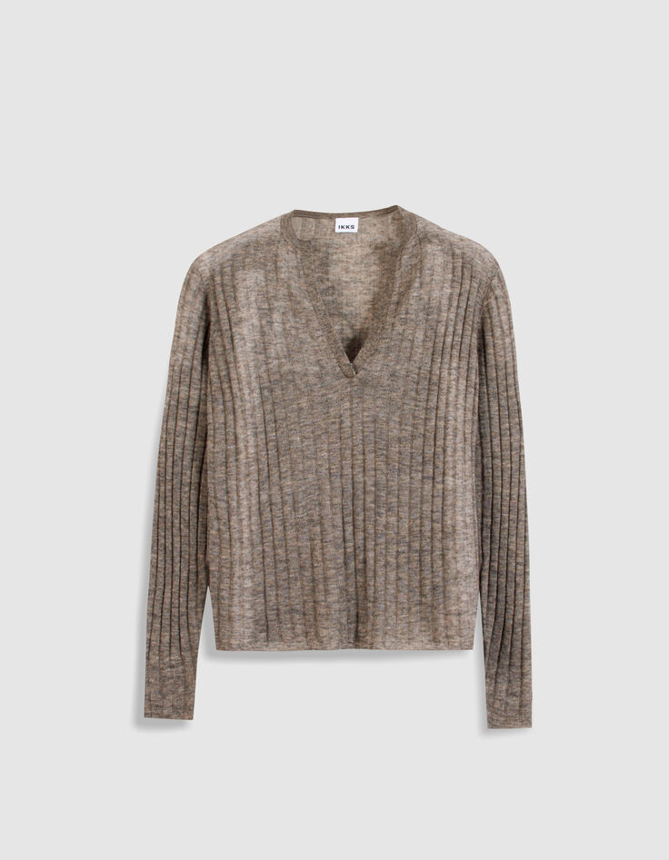 Pull manches longues beige tricot c&ocirc;tes plates Femme-5
