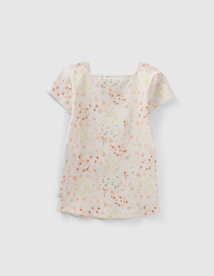 Weißes, geripptes Mädchen-T-Shirt mit kleinen Blumen - IKKS