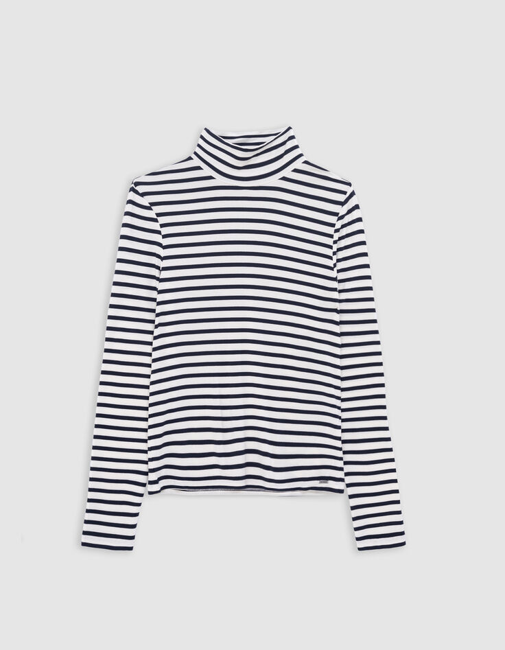 Dames-T-shirt met navy coltrui en witte strepen-5