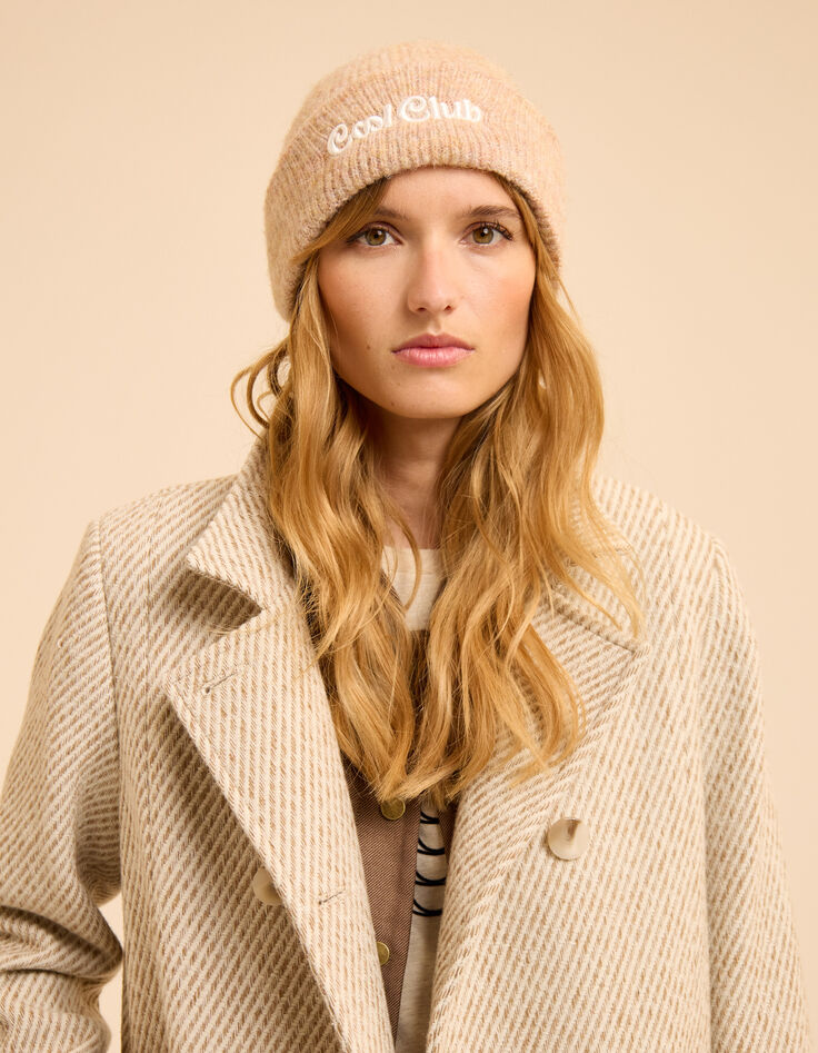 Bonnet beige tricot c&ocirc;tel&eacute; broderie I.Code-3