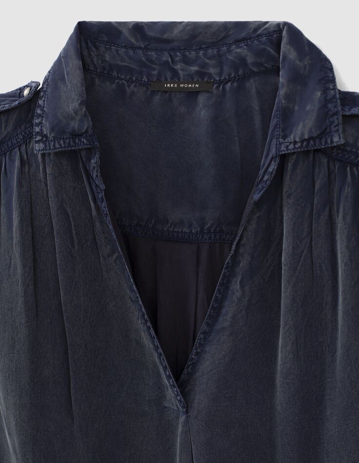 Robe courte en cupro bleu marine et pattes épaules femme-2