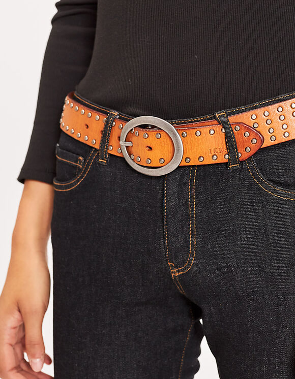 Women's camel leather belt with metal buckle and studs