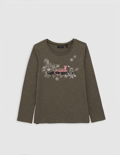 T-shirt kaki coton bio fleurs brodées et léopard fille - IKKS