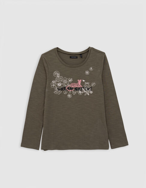 T-shirt kaki coton bio fleurs brodées et léopard fille T-shirt kaki coton bio fleurs brodées et léopard fille - IKKS