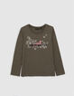 T-shirt kaki coton bio fleurs brodées et léopard fille-1 T-shirt kaki coton bio fleurs brodées et léopard fille-1