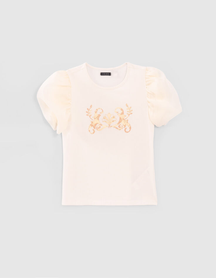 Girls’ white T-shirt with puff sleeves-1