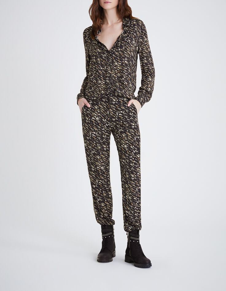 Women’s black fusain print flowing trousers-1