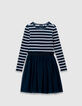 Tweelaags ecru gestreept marineblauw jurkje voor meisjes-1