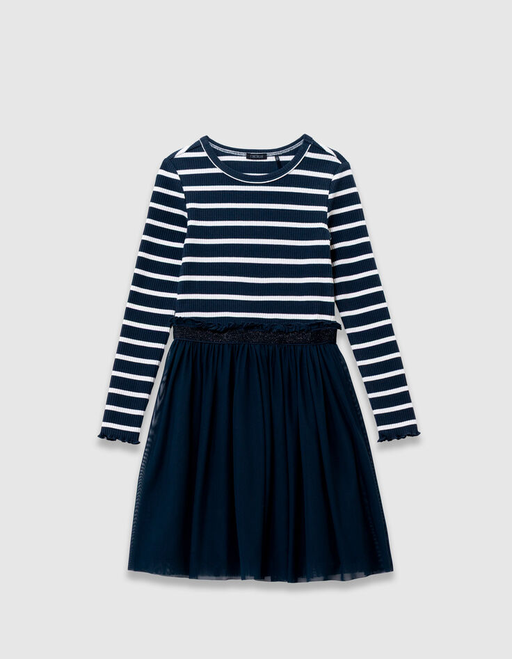 Tweelaags ecru gestreept marineblauw jurkje voor meisjes-1