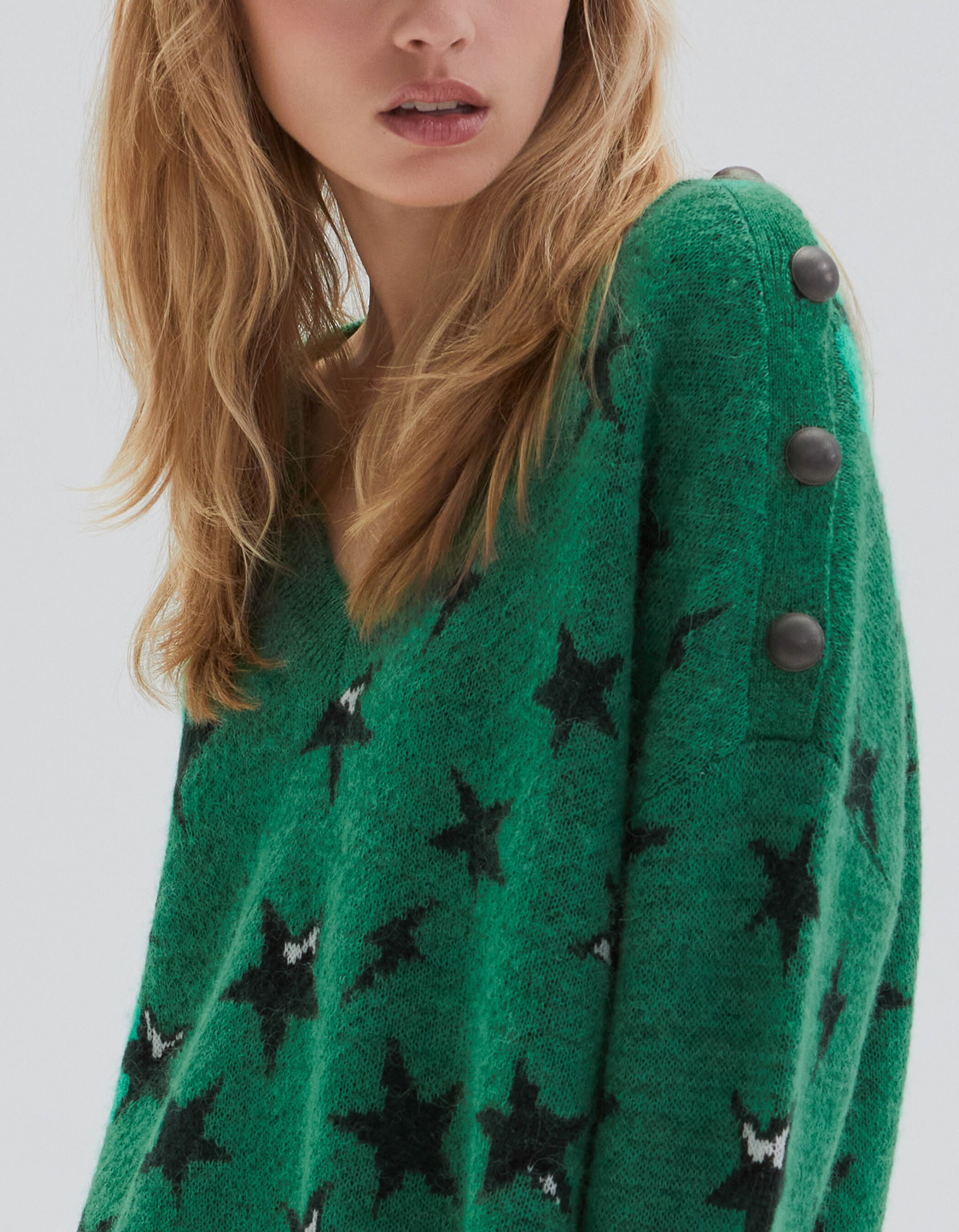 Pull vert tricot jacquard motif toiles Femme