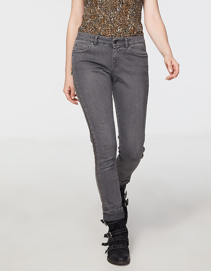 Jean slim gris 7/8ème bandes bijoux côtés, sculpt up femme-2