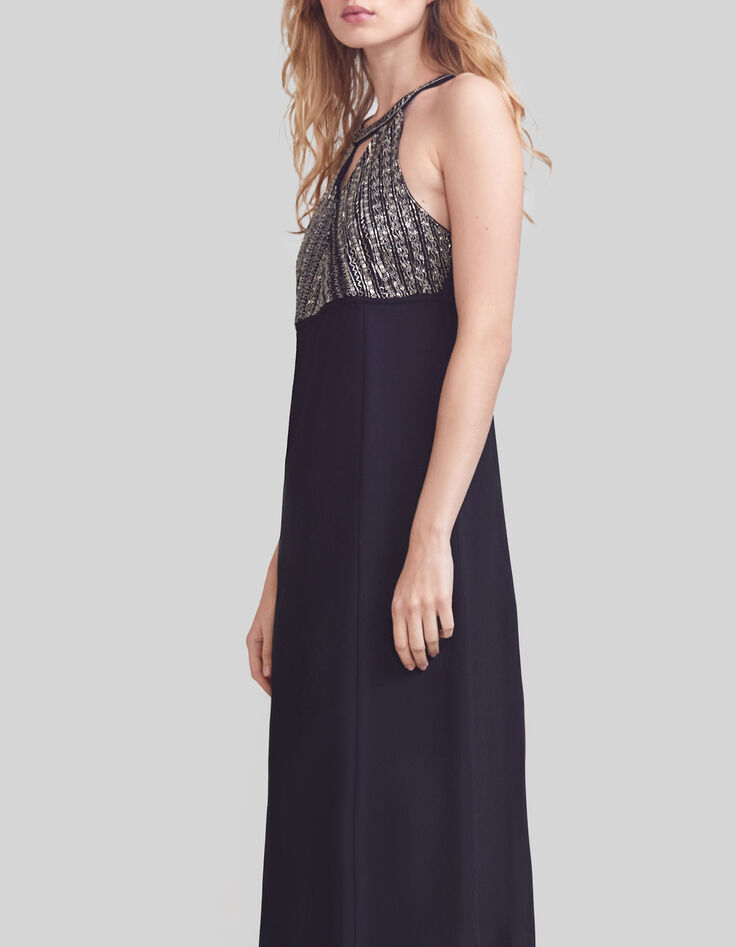 Vestido largo negro plastrón bordado cuentas metal mujer-3