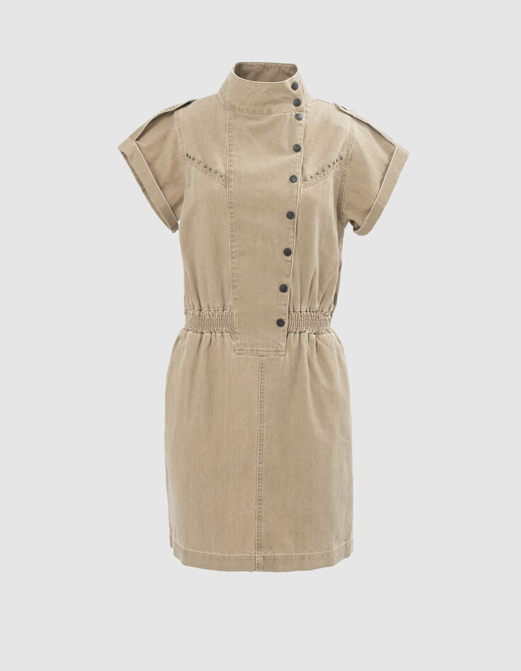 Women’s light khaki Terra Denim dress, studded high neck-7