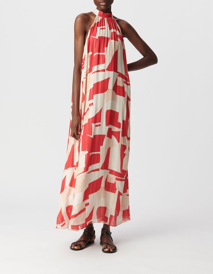 Robe longue rouge imprim&eacute; g&eacute;om&eacute;trique Femme-1