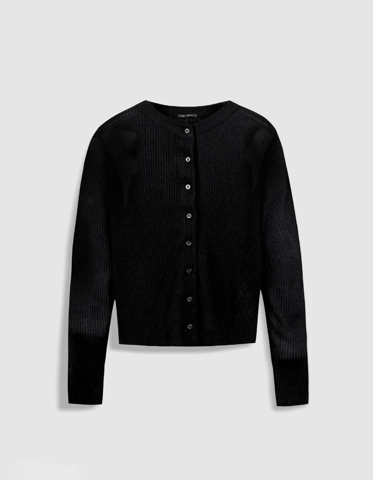 Cardigan manches longues noir maille pliss&eacute;e Femme-5