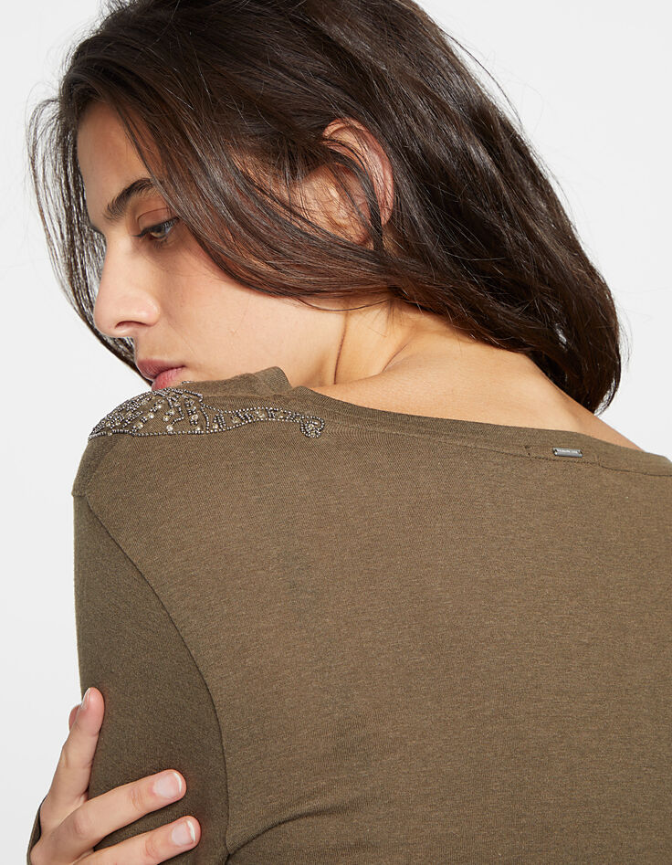 Women’s khaki embroidered shoulder long-sleeve T-shirt-5