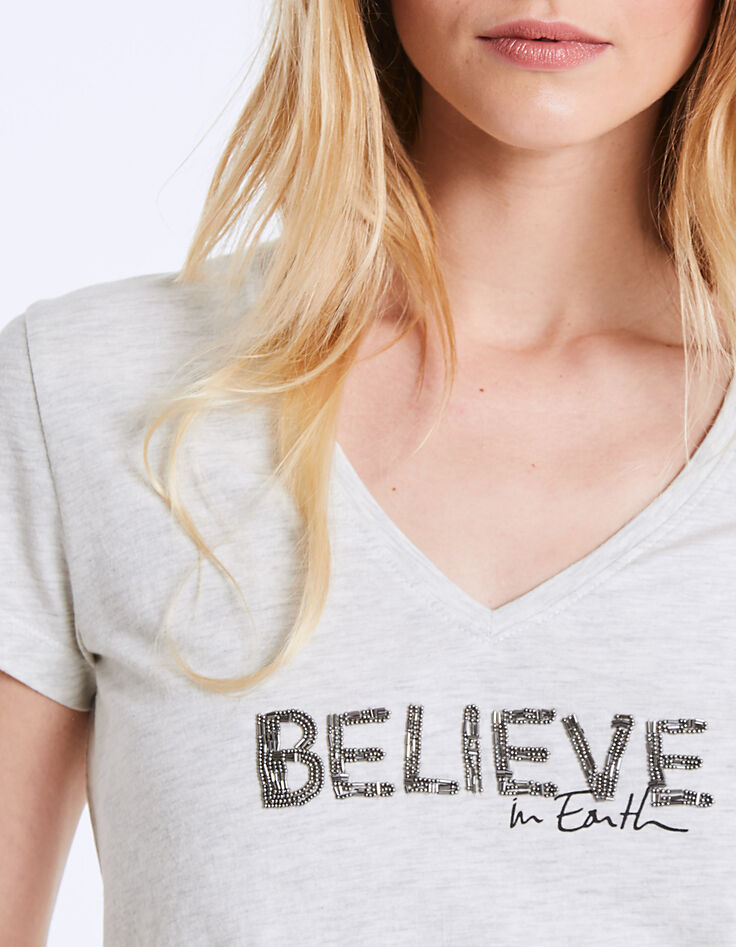 Damen-T-Shirt mit V-Ausschnitt mit Believe-Motiv-4 Damen-T-Shirt mit V-Ausschnitt mit Believe-Motiv-4