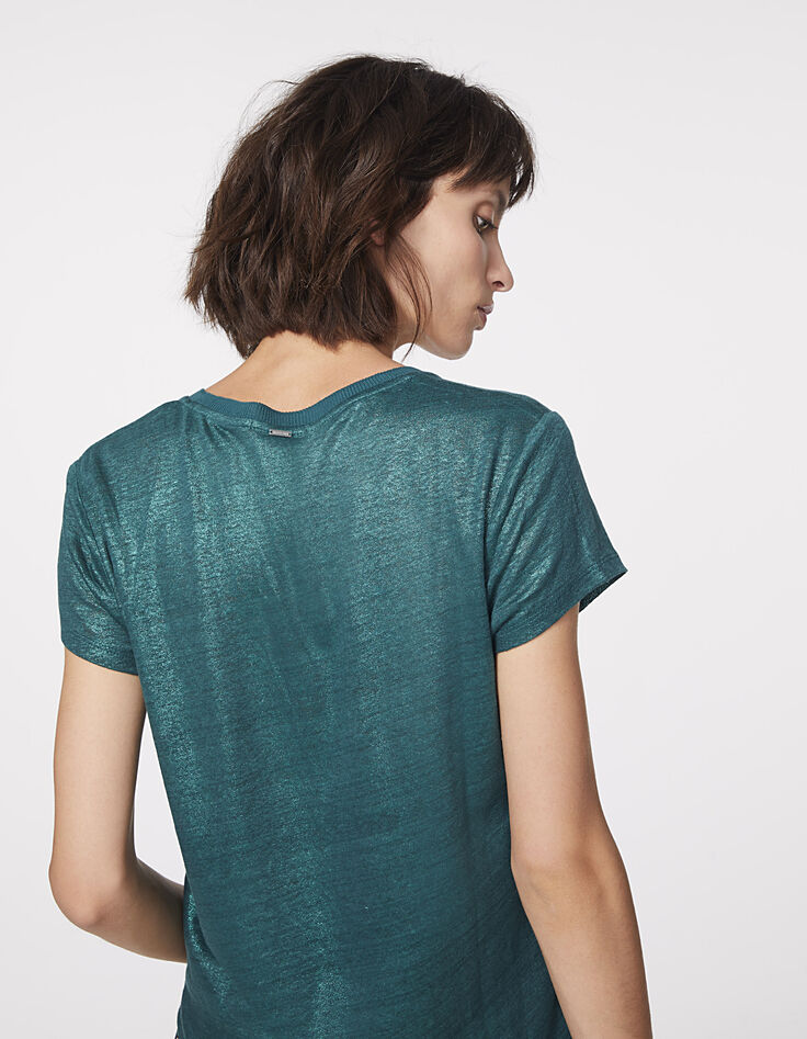 Camiseta cuello de pico azul de lino foil mujer-5