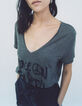 Khaki Damen-T-Shirt, loose, Pailletten-Message, Stickmotiv-1
