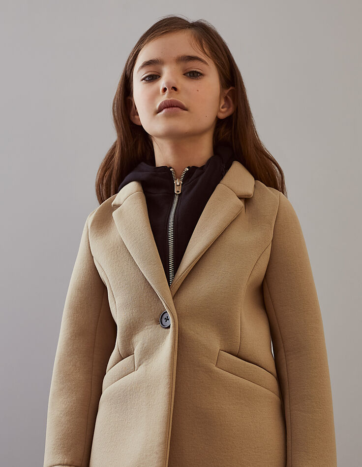 Manteau beige clair à capuche noire amovible fille-1