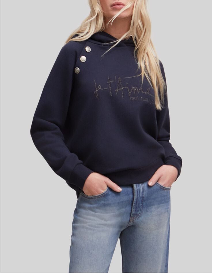 Women&rsquo;s navy hoodie with sequin embroidered slogan-1