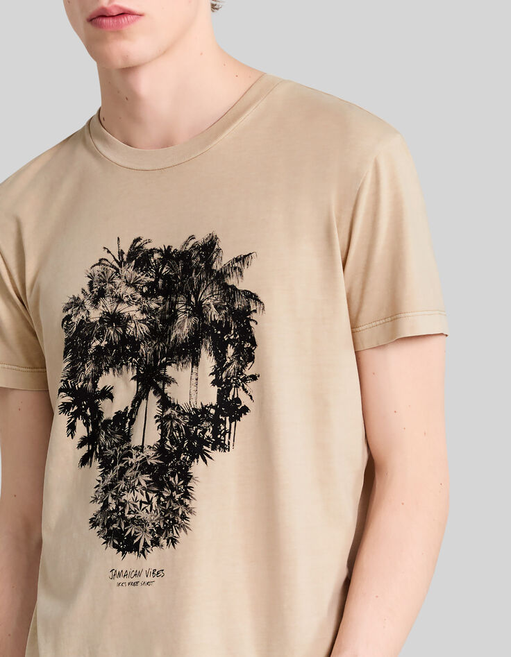 Zandkleurig T-shirt opdruk doodshoofd-palmen Heren-4