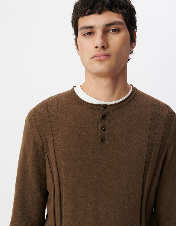 Herrenpullover, khaki, Biowolle, Feinstrick, Tunikakragen-4