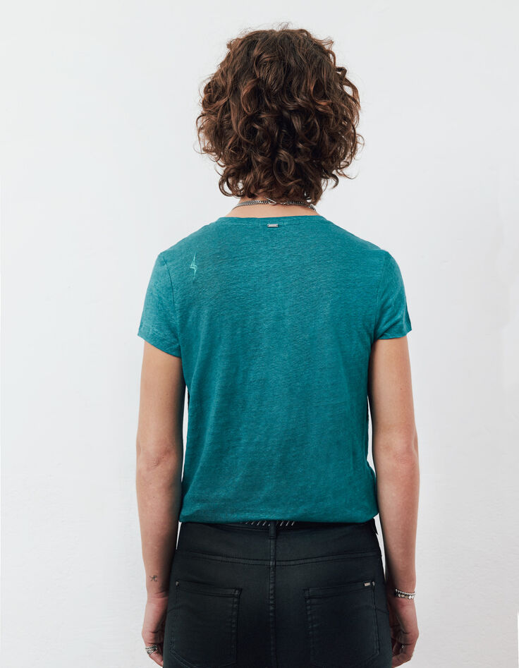 Tee-shirt en lin col V coloris bleu éclair brodé dos femme-2