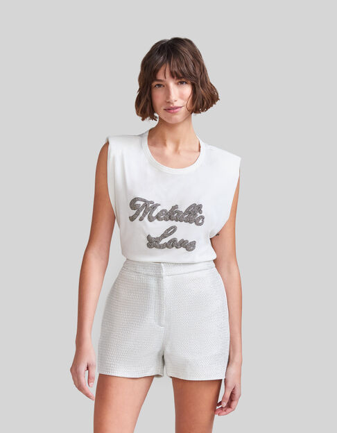 Tee-shirt blanc cassé message perlé Femme - IKKS