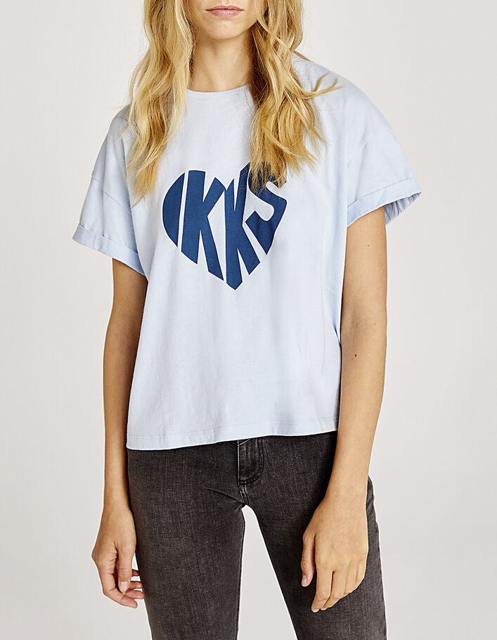 Camiseta azul celeste 100 % algodón motivo corazón mujer-2