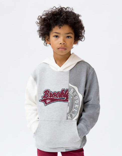 Boys’ grey and ecru hoodie with cut images