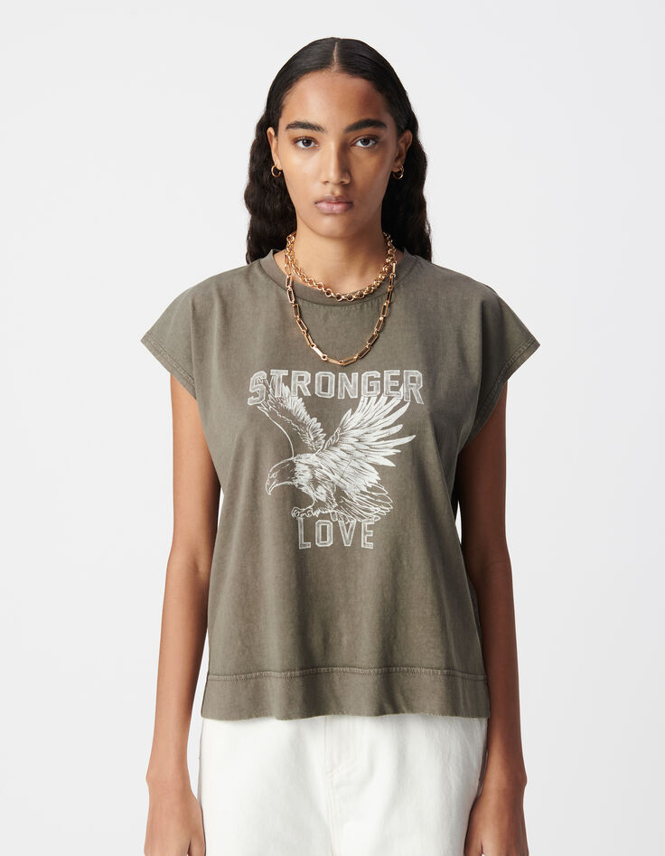 Camiseta caqui con mensaje y águila para Mujer-2